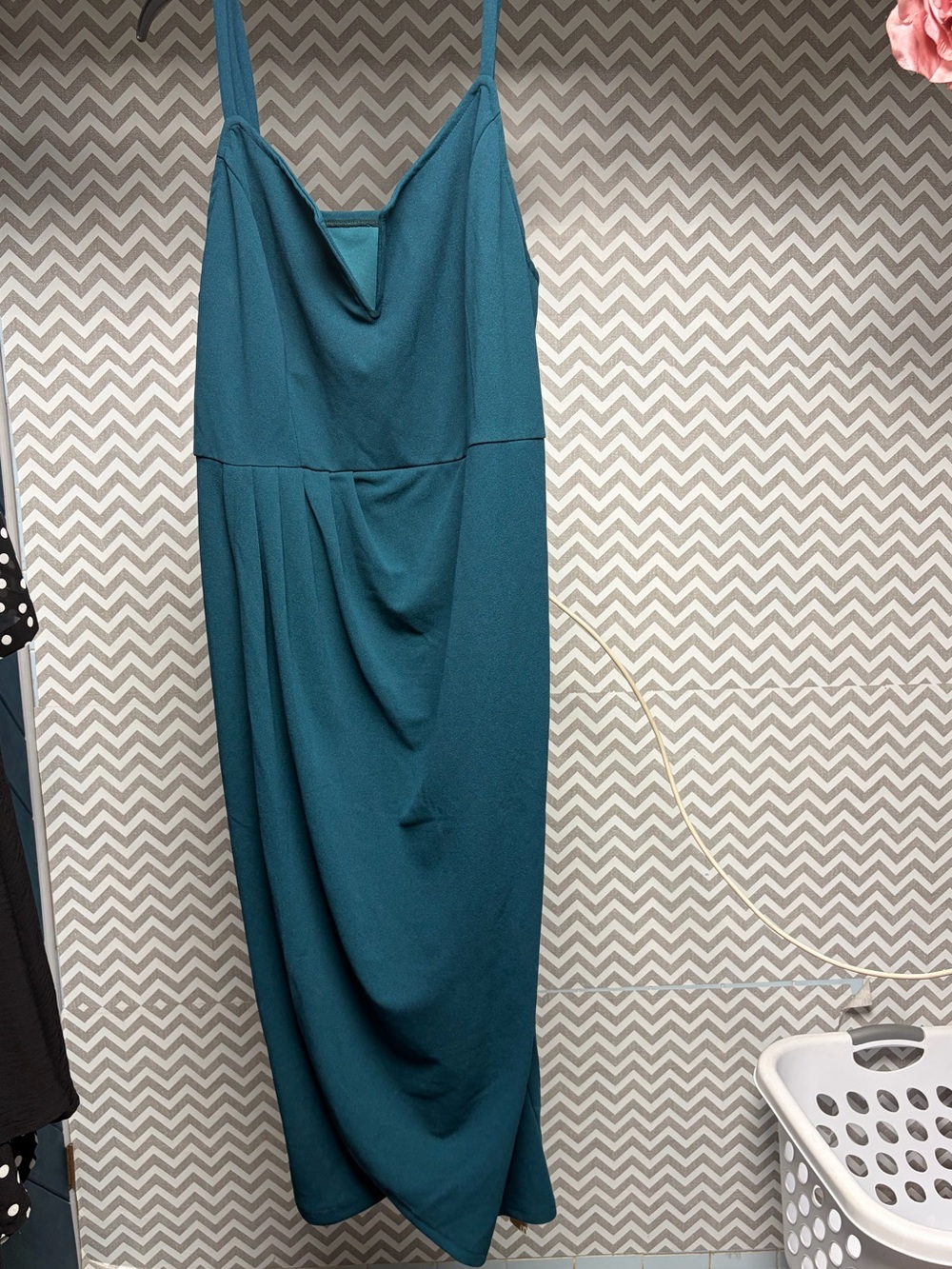 BloomChic Teal Midi Dress with Draped Front and Spaghetti Straps
